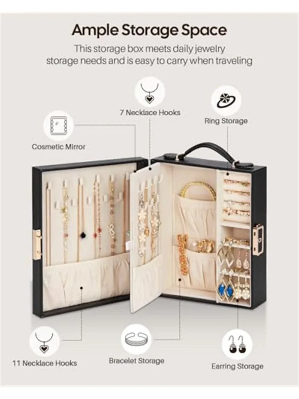 Black Travel Jewelry Box Organizer Lock Necklace Ring Earring Storage Case